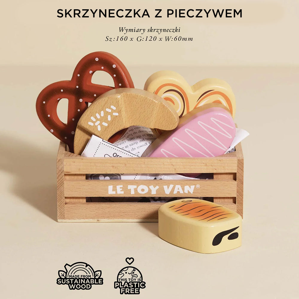 Drewniane pieczywo Le Toy Van w skrzynce – realistyczna zabawka do zabawy w sklep i gotowanie.