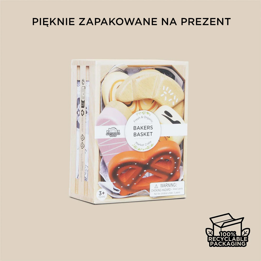 Drewniane zabawki pieczywo w skrzynce: bułki, rogaliki, precel. Ekologiczny zestaw do zabawy w sklep lub piekarnię, idealny na prezent, pięknie zapakowany i z recyklingowym opakowaniem.