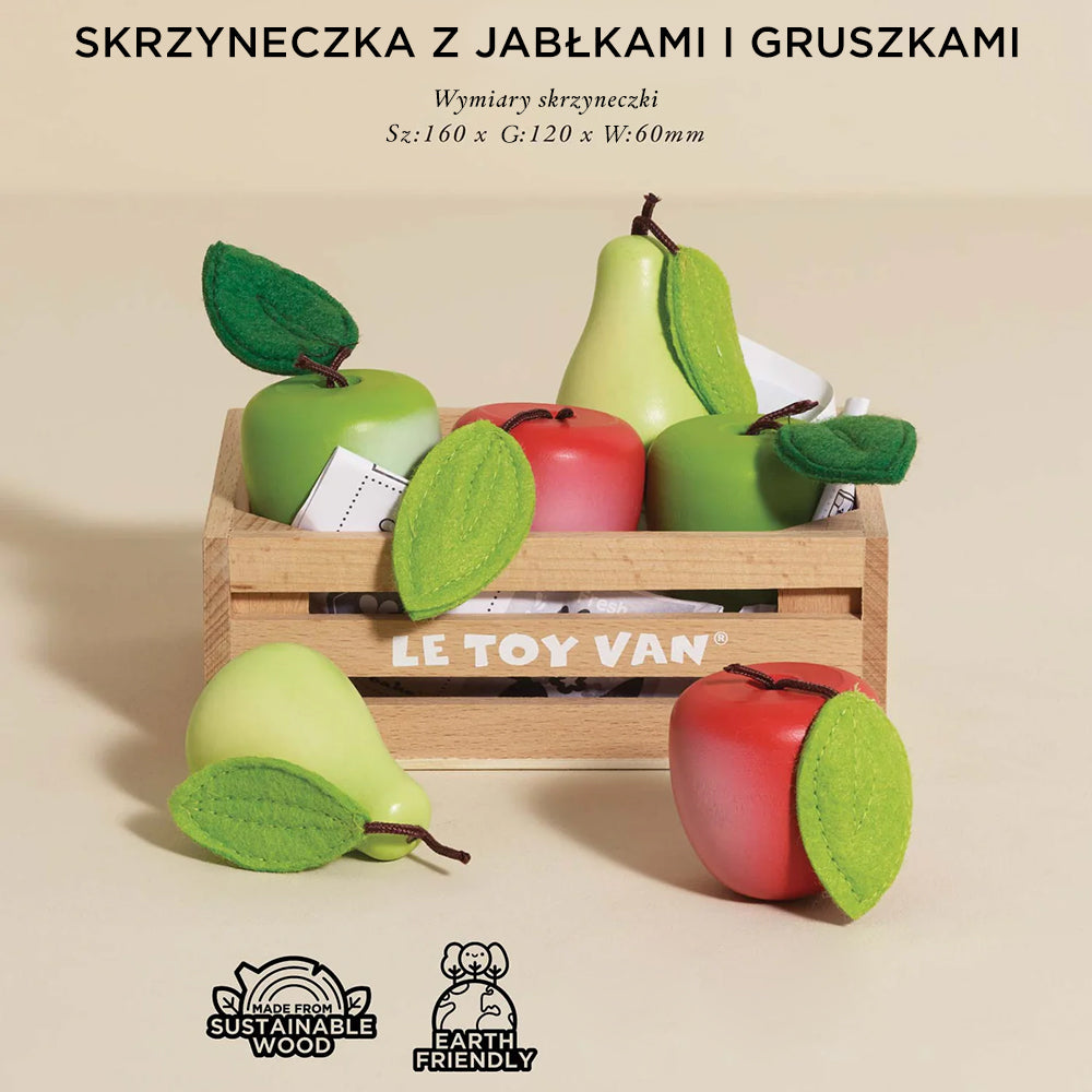 Le Toy Van drewniane jabłka i gruszki w skrzynce. Realistyczne owoce z materiałowymi listkami, idealne do zabawy w sklep i gotowanie, wspierające rozwój dziecka i zdrowe nawyki.