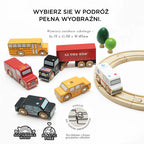 Zestaw drewnianych autentycznych pojazdów New York: autobus, taksówka, policja, karetka, straż pożarna, ciężarówka. Ekologiczne zabawki FSC bez plastiku, rozwijające wyobraźnię dziecka.
