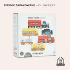 Pięknie zapakowany zestaw drewnianych samochodów Le Toy Van New York: ciężarówka, autobus, policja, taksówka, karetka, straż pożarna. Zabawki FSC, idealne na prezent.