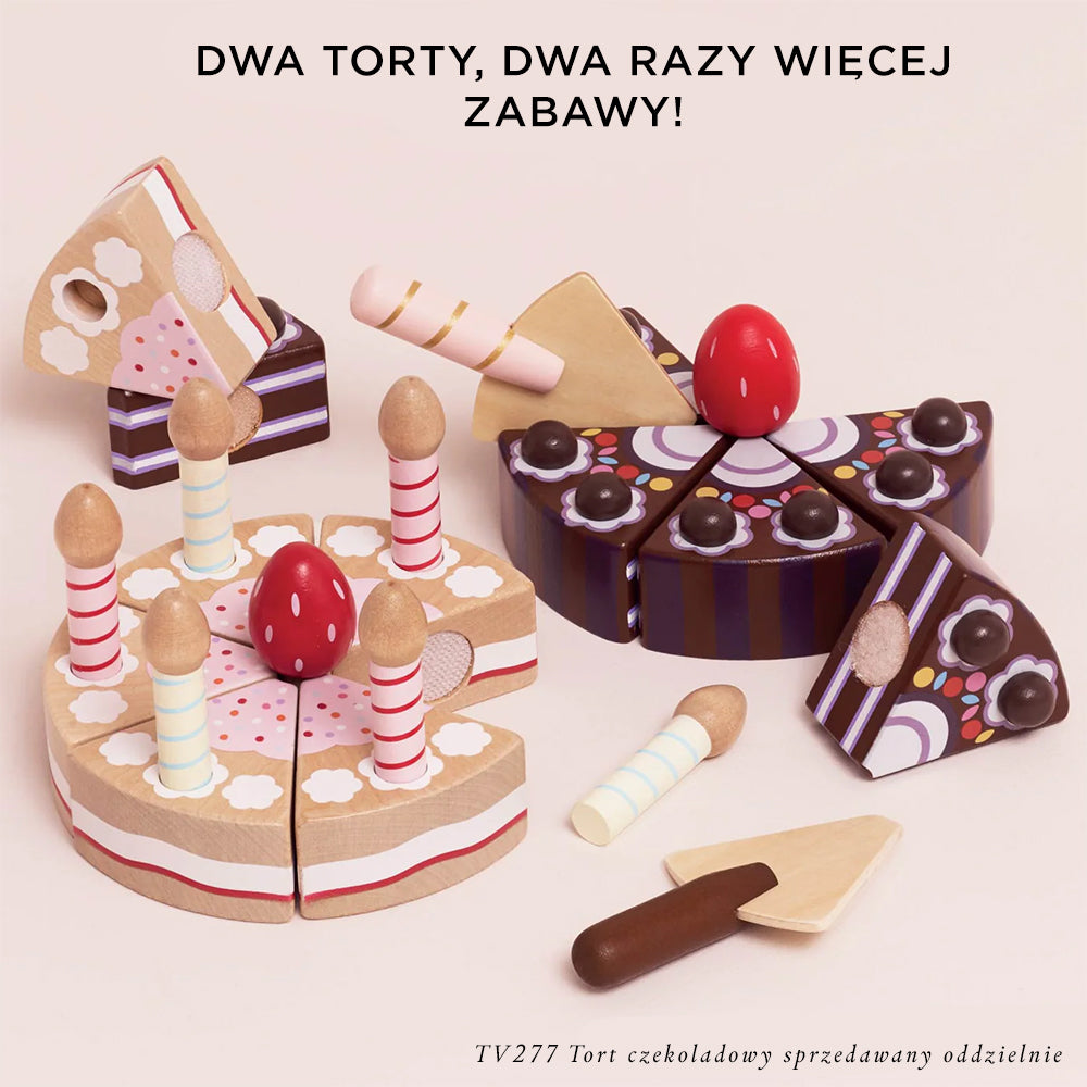 Dwa drewniane torty zabawki dla dzieci: urodzinowy ze świeczkami i czekoladowy, z akcesoriami do krojenia i serwowania, idealne do kreatywnej zabawy w odgrywanie ról.