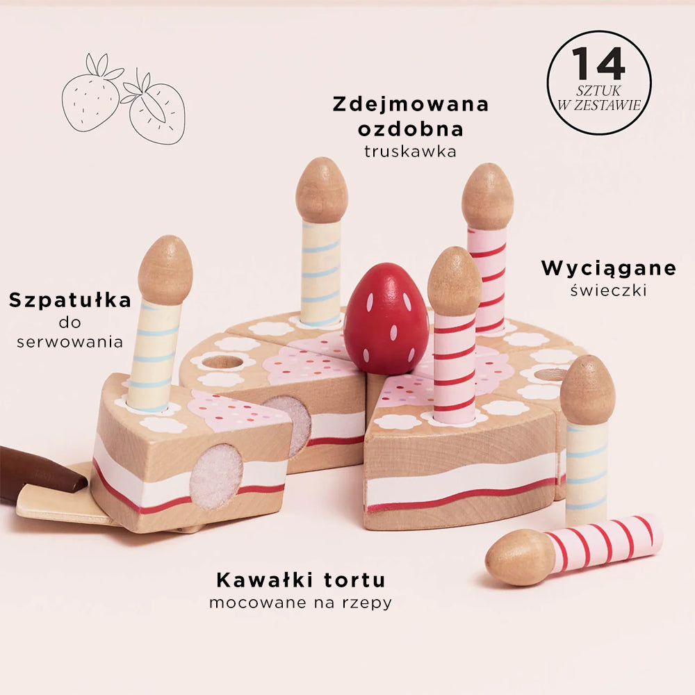 Drewniany tort urodzinowy ze świeczkami dla dzieci, z uroczą truskawką, rozkładany na rzepy i szpatułką, idealny do kreatywnej zabawy i odgrywania ról.