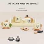 Drewniany zestaw do herbaty akcesoria kuchenne w brytyjskim stylu dla dzieci, 12-elementowy komplet. Imbryk, filiżanki, dzbanek, torebka herbaty, ciasteczka i łyżeczka na tacy, w tonacji złamanej bieli z naturalnym drewnem, czarnymi akcentami i uroczymi motywami roślinnymi. Ekologiczna zabawka, w pełni wolna od plastiku.
