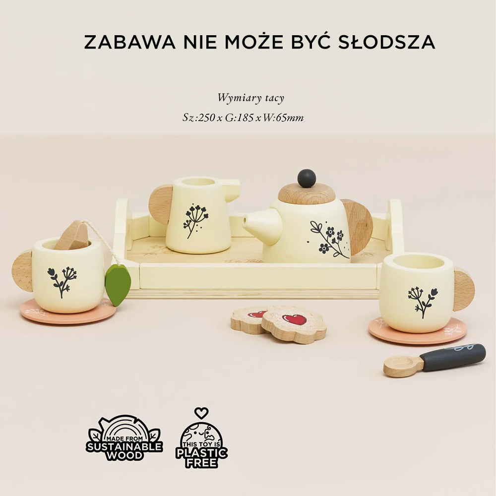 Drewniany zestaw do herbaty akcesoria kuchenne w brytyjskim stylu dla dzieci, 12-elementowy komplet. Imbryk, filiżanki, dzbanek, torebka herbaty, ciasteczka i łyżeczka na tacy, w tonacji złamanej bieli z naturalnym drewnem, czarnymi akcentami i uroczymi motywami roślinnymi. Ekologiczna zabawka, w pełni wolna od plastiku.