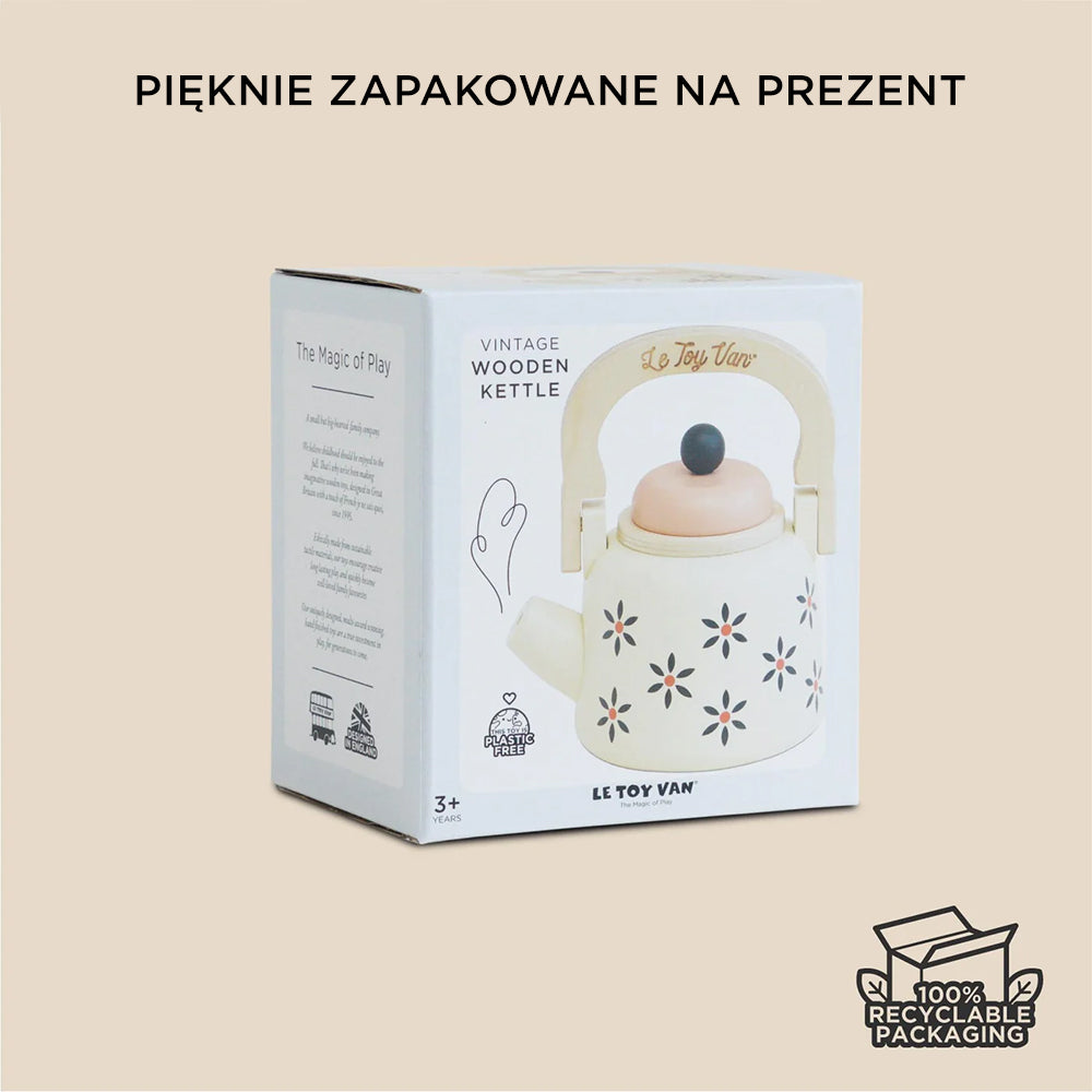Drewniany czajniczek zabawka w ozdobnym, ekologicznym opakowaniu, idealny na prezent. Czajnik w kolorze złamanej bieli z kwiatowym wzorem, bez plastiku.