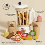 Drewniany blender Fruit & Smooth: 18-elementowy zestaw z retro blenderem, owocami na rzepy, nożem, kubkami. Nagradzana zabawka do nauki zdrowych nawyków i odgrywania ról.