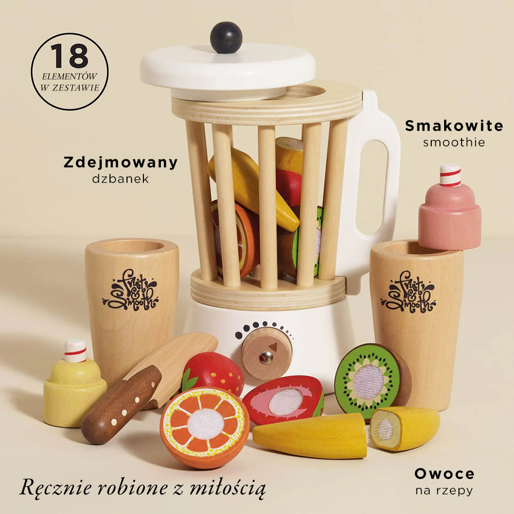 Drewniany blender Fruit & Smooth: 18-elementowy zestaw z retro blenderem, owocami na rzepy, nożem, kubkami. Nagradzana zabawka do nauki zdrowych nawyków i odgrywania ról.