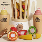 Drewniany blender Fruit & Smooth w stylu retro z owocami na rzepy (kiwi, pomarańcza, truskawka, banan), nożem i dwoma kubkami. Nagradzany zestaw edukacyjny dla dzieci, promujący zdrowe nawyki i kreatywną zabawę w robienie smoothie, wykonany z bezpiecznych farb.