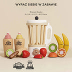 Drewniany blender retro Fruit & Smooth z wyjmowanym dzbankiem, zestawem owoców na rzepy (kiwi, truskawki, pomarańcze, banany), nożem i kubkami, idealny do nauki zdrowych nawyków i zabawy w przygotowywanie smoothie.