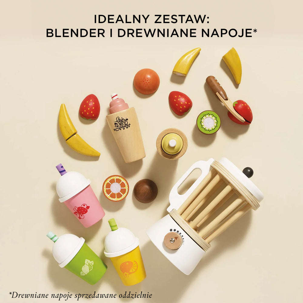 Drewniany blender Fruit & Smooth z kolorowymi owocami na rzepy, nożem i kubkami. Stylowy zestaw dla dzieci do odgrywania ról, inspirujący do przygotowywania zdrowych smoothie.