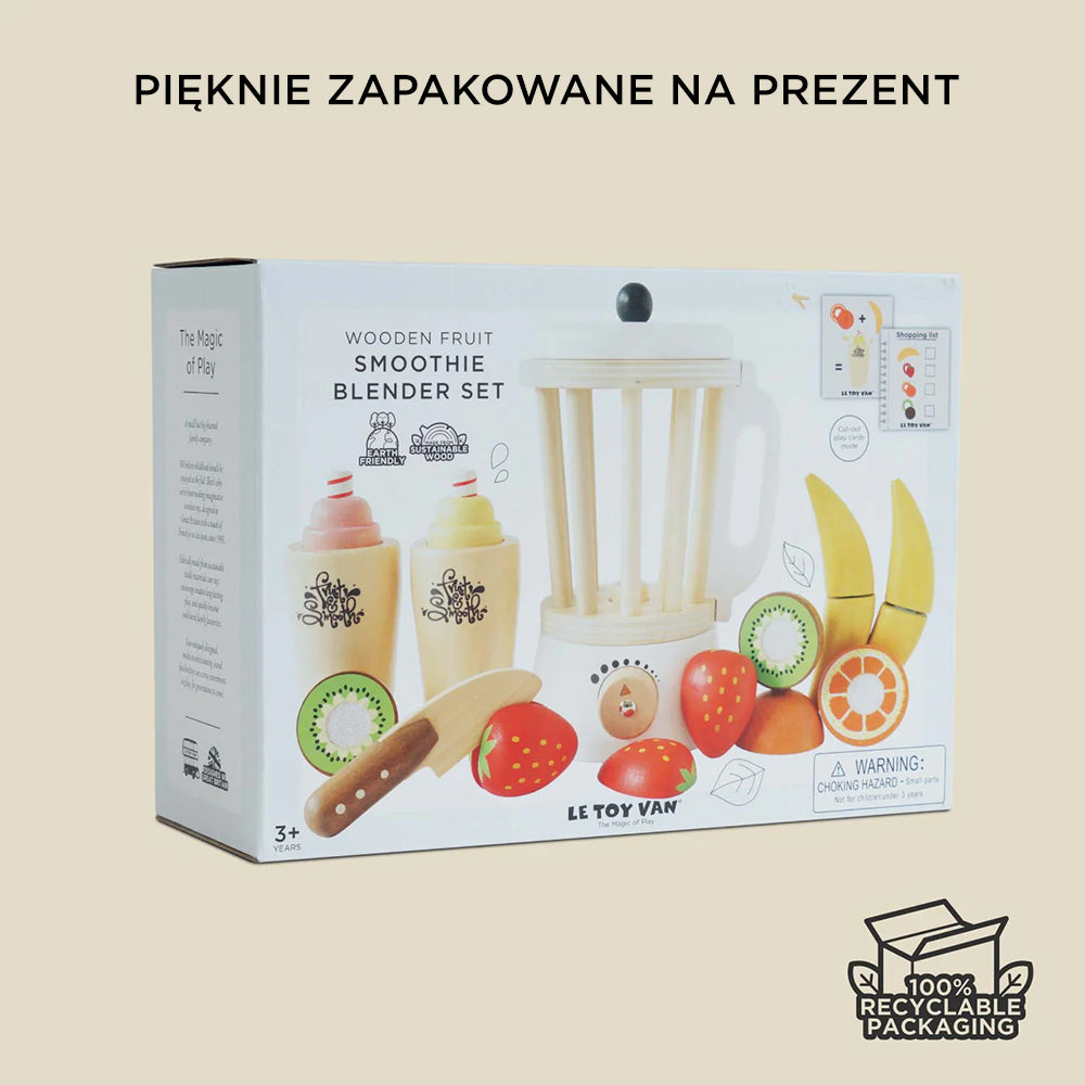 Opakowanie drewnianego blendera Le Toy Van Fruit & Smooth i zestawu owoców do smoothie, idealne na nagrodzony prezent dla dzieci, w 100% z recyklingu.