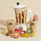 Drewniany blender + zestaw owoców Fruit & Smooth: retro mikser zabawka, owoce na rzepy do krojenia, nóż i kubki do kreatywnej zabawy w odgrywanie ról.