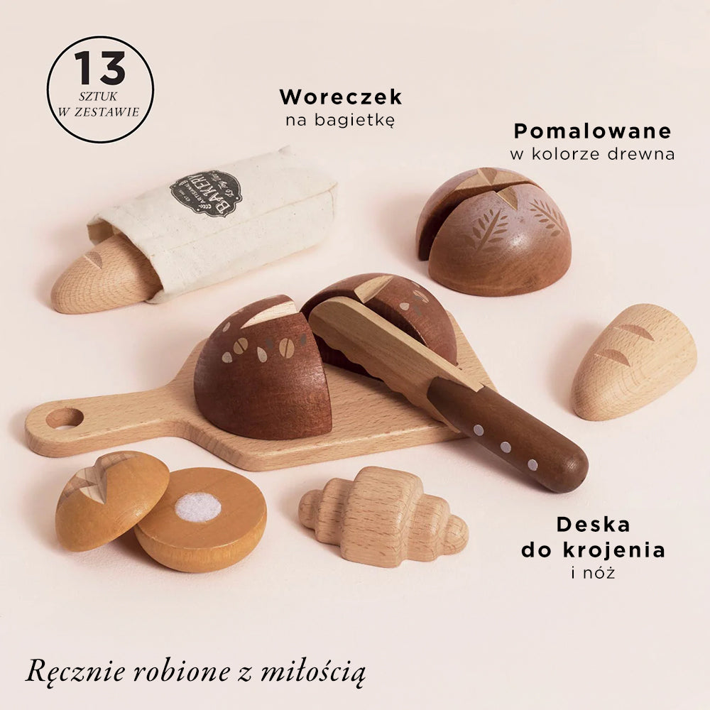 Drewniany zestaw pieczywa do krojenia: realistyczna bagietka w woreczku, chleby, croissant, nóż i deska. Idealny do kreatywnej zabawy w piekarnię dla dzieci.