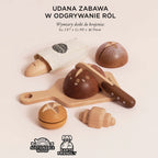 Drewniany zestaw pieczywa do krojenia dla dzieci z realistycznymi chlebami, bułką, croissantem, nożem i deską. Idealny do zabawy w kuchnię, rozwijania wyobraźni i kreatywności dzięki elementom łączonym na rzepy.