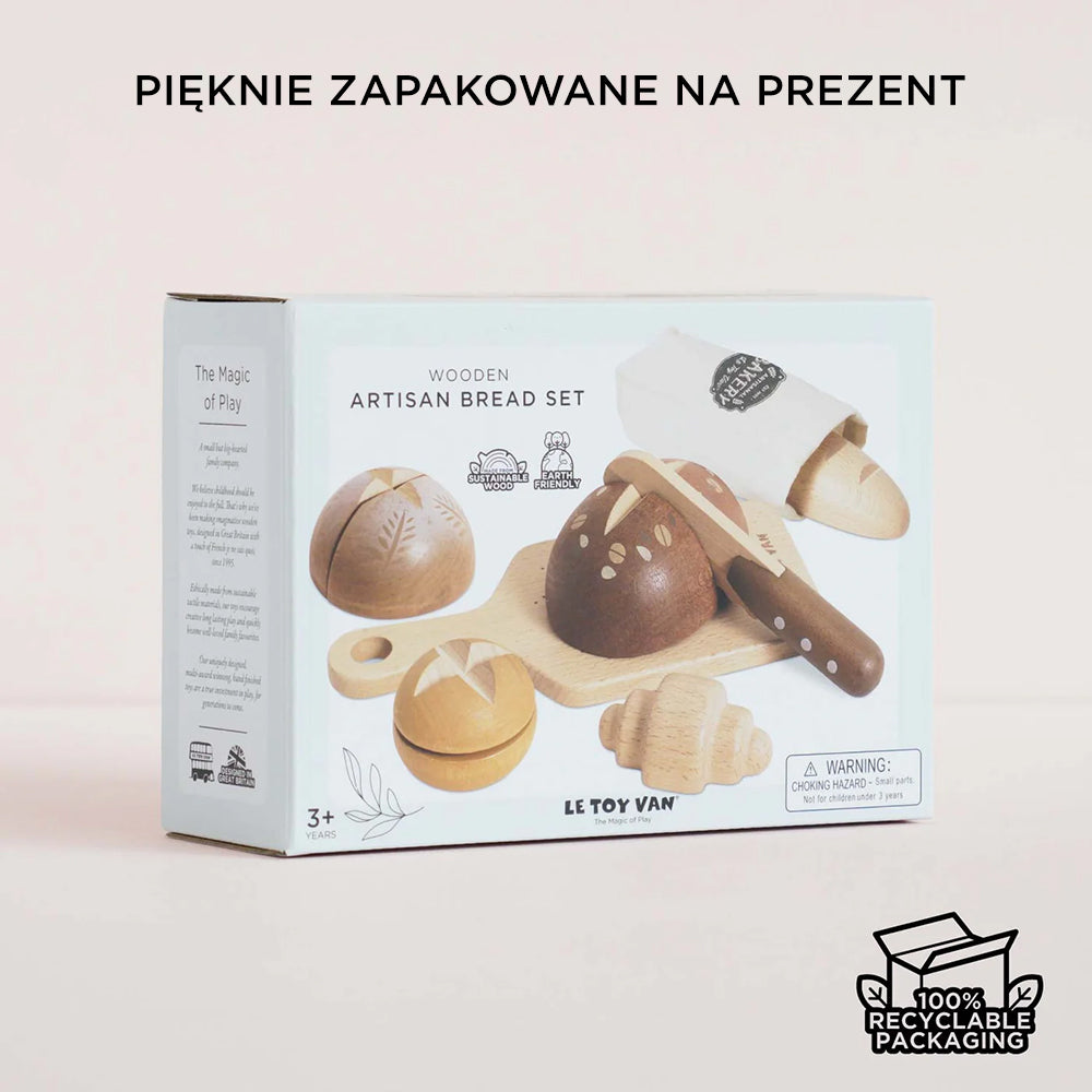Pudełko z Drewnianym zestawem pieczywa z nożem do krojenia, gotowe na prezent. Realistyczna zabawka dla dzieci wspierająca kreatywną zabawę.