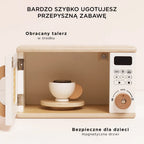 Drewniana kuchenka mikrofalowa dla dzieci Le Toy Van, biało-drewniana zabawka z otwartymi drzwiczkami, obracającym się talerzem i realistycznym programatorem.