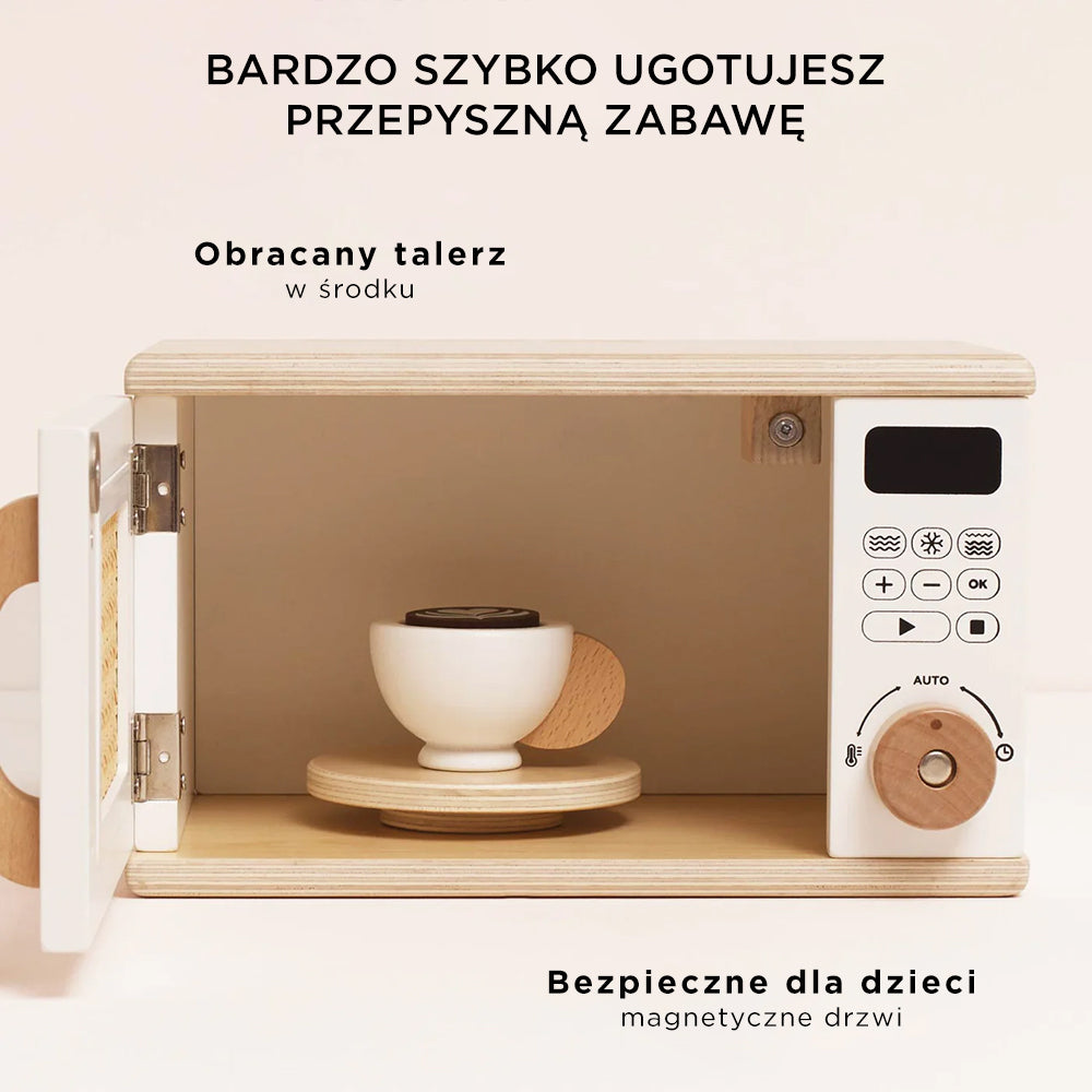 Drewniana kuchenka mikrofalowa dla dzieci Le Toy Van, biało-drewniana zabawka z otwartymi drzwiczkami, obracającym się talerzem i realistycznym programatorem.