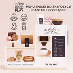 Drewniana kawiarnia dla dzieci z realistycznym ekspresem do kawy, menu napojów, półkami na ciastka i przekąski.