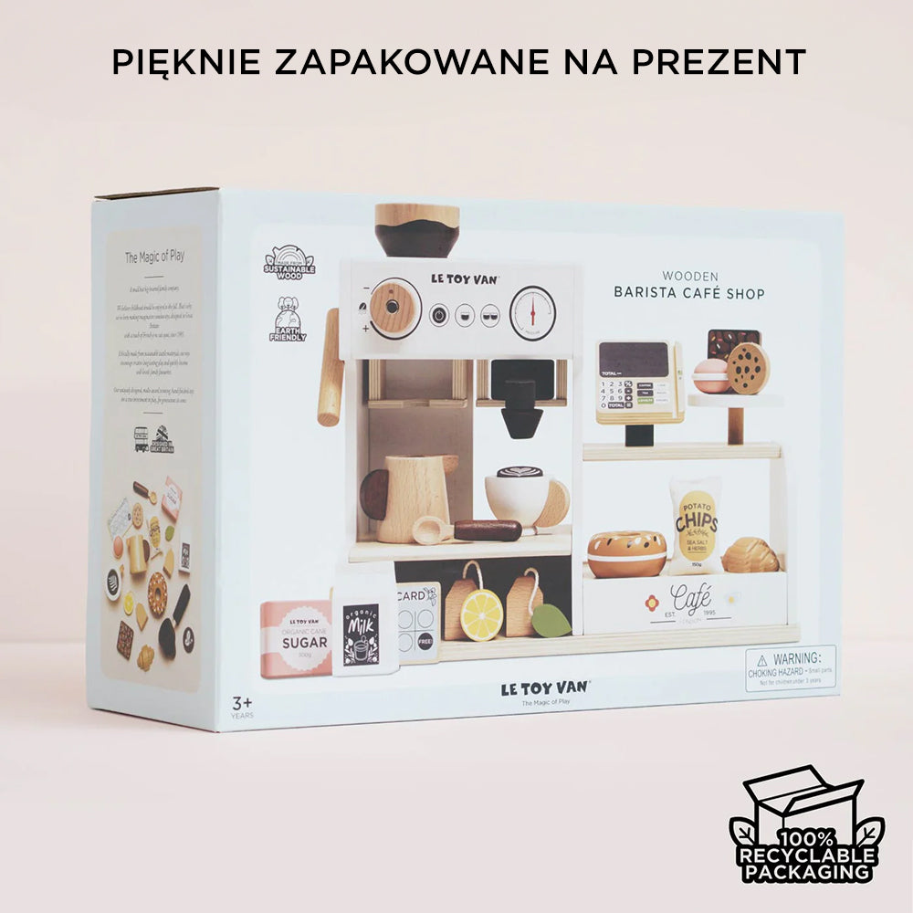 Elegancko zapakowany zestaw Drewniana kawiarnia dla dzieci Le Toy Van, gotowy na prezent. Realistyczna zabawka baristy w 100% recyklingowym opakowaniu.