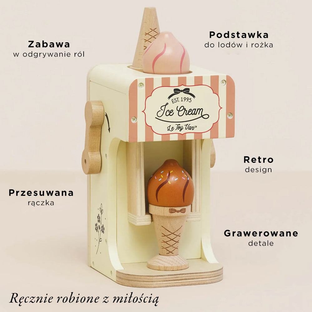 Drewniana maszynka do robienia lodów dla dzieci w stylu retro, zabawka w pastelowych kolorach z ruchomym uchwytem, rożkami i kulkami lodów do zabawy w odgrywanie ról.