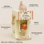 Drewniana maszynka do robienia lodów dla dzieci w stylu retro, zabawka w pastelowych kolorach z ruchomym uchwytem, rożkami i kulkami lodów do zabawy w odgrywanie ról.