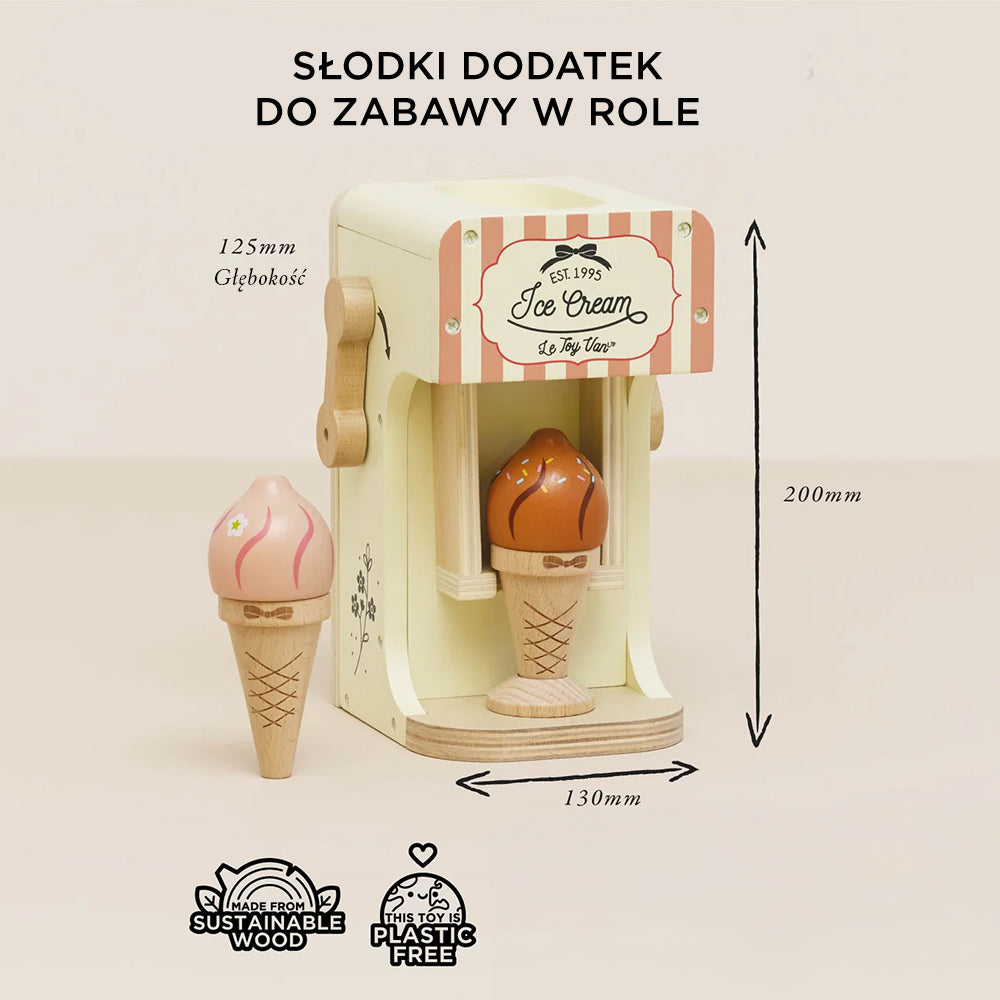 Drewniana maszynka do lodów dla dzieci z pastelowymi rożkami. Ekologiczna zabawka do odgrywania ról, wykonana z drewna FSC, bez plastiku.