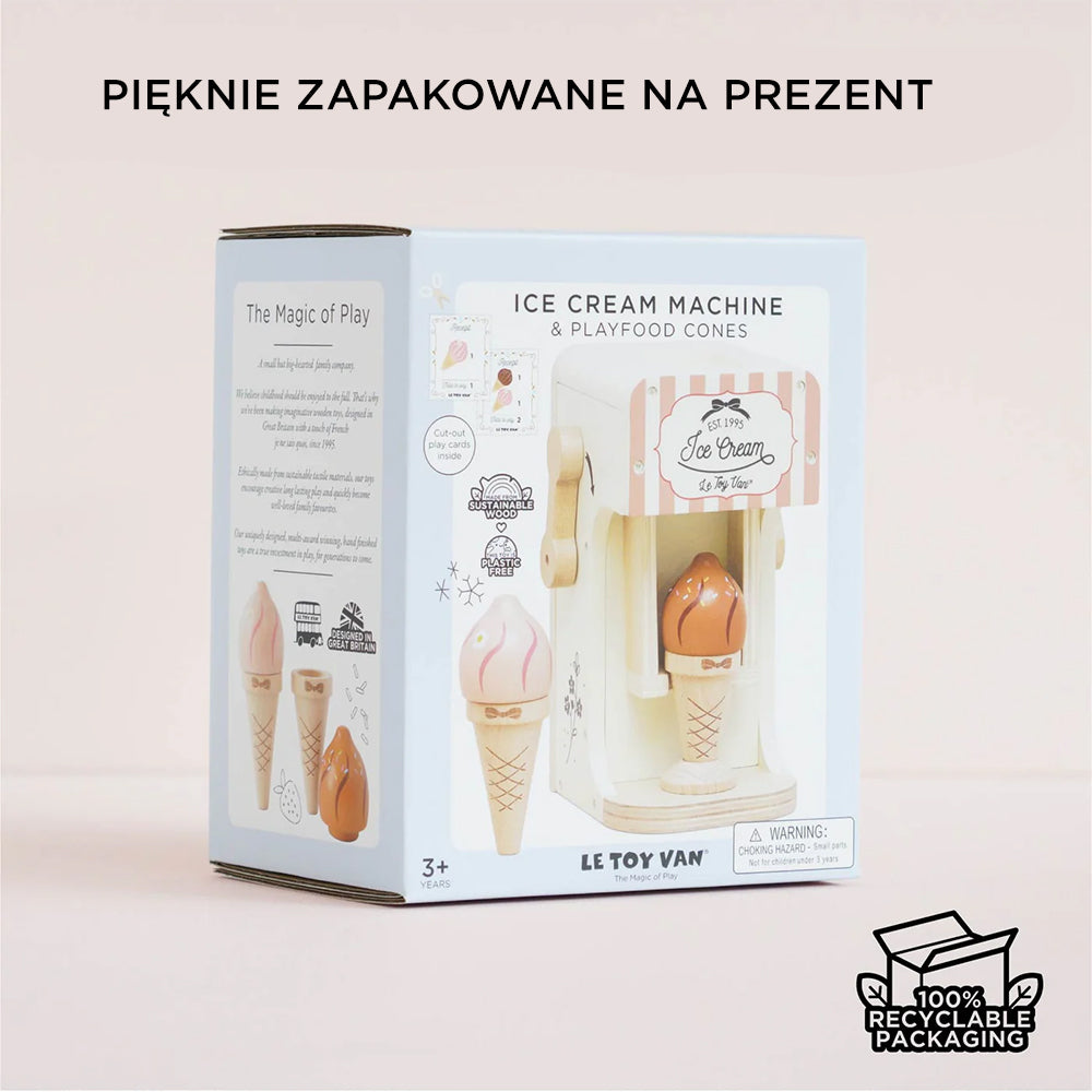 Drewniana maszynka do robienia lodów z pastelowymi kulkami i rożkami w eleganckim, ekologicznym opakowaniu prezentowym.