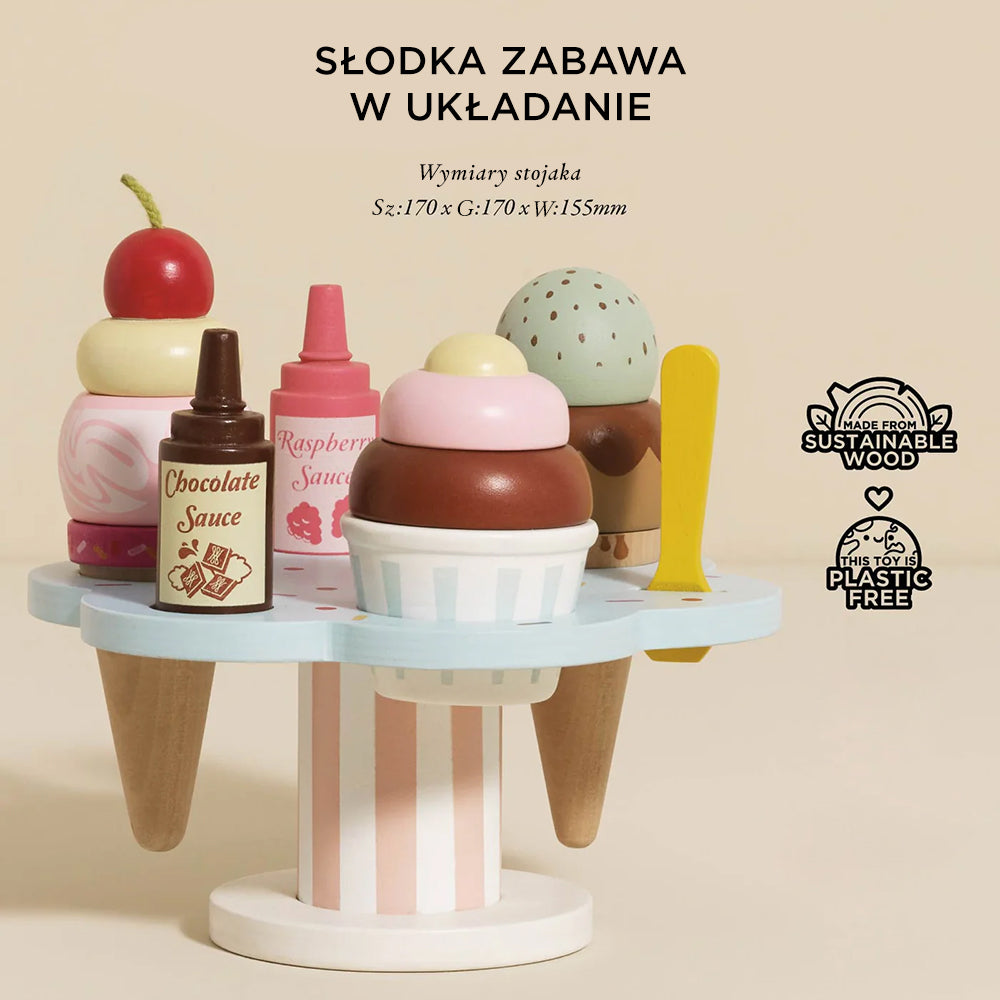 Drewniany zestaw Carlo's Gelato: lody, rożki, sosy, stojak. Pastelowa, ekologiczna zabawka do lodziarni dla dzieci.