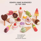 Kolekcja drewnianych słodkości Le Toy Van: apetyczne lody rożki, babeczki i pączki w pastelowych kolorach, idealne do zabawy w lodziarnię i kreatywnego rozwoju dzieci.