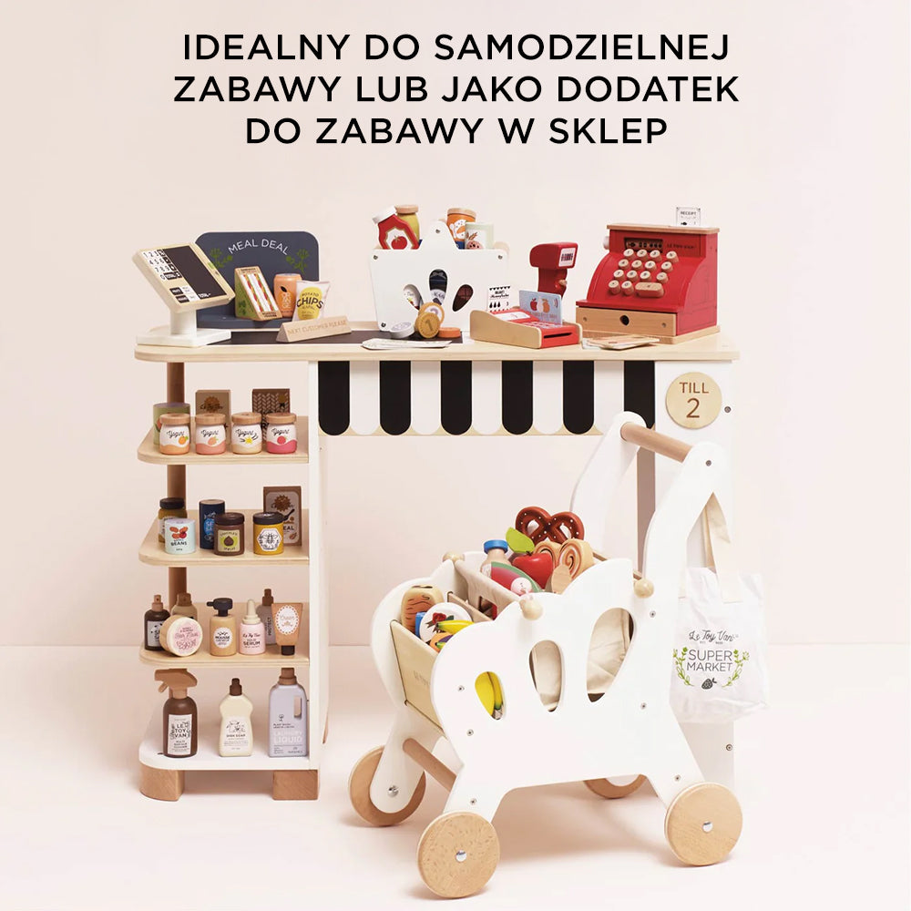 Drewniany terminal do płacenia kartą Le Toy Van Honeybake w pełnym zestawie sklepowym: z kasą fiskalną, regałami z drewnianymi produktami i wózkiem na zakupy. Idealny do nauki liczenia i odgrywania ról, zapewniający autentyczną zabawę w sklep.