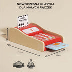 Drewniany, czerwony terminal płatniczy Honeybake z paragonem i kartą, idealny do edukacyjnej zabawy w sklep. Wykonany z ekologicznego drewna, bez plastiku.