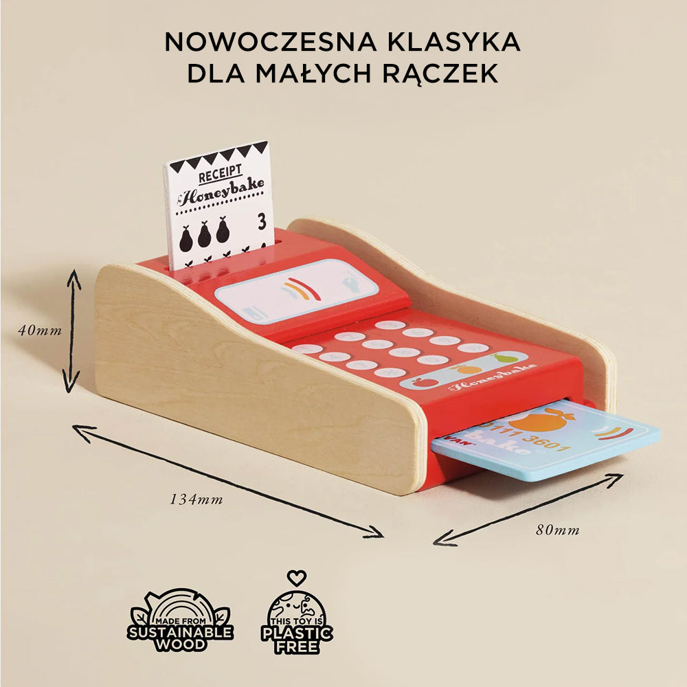 Drewniany, czerwony terminal płatniczy Honeybake z paragonem i kartą, idealny do edukacyjnej zabawy w sklep. Wykonany z ekologicznego drewna, bez plastiku.