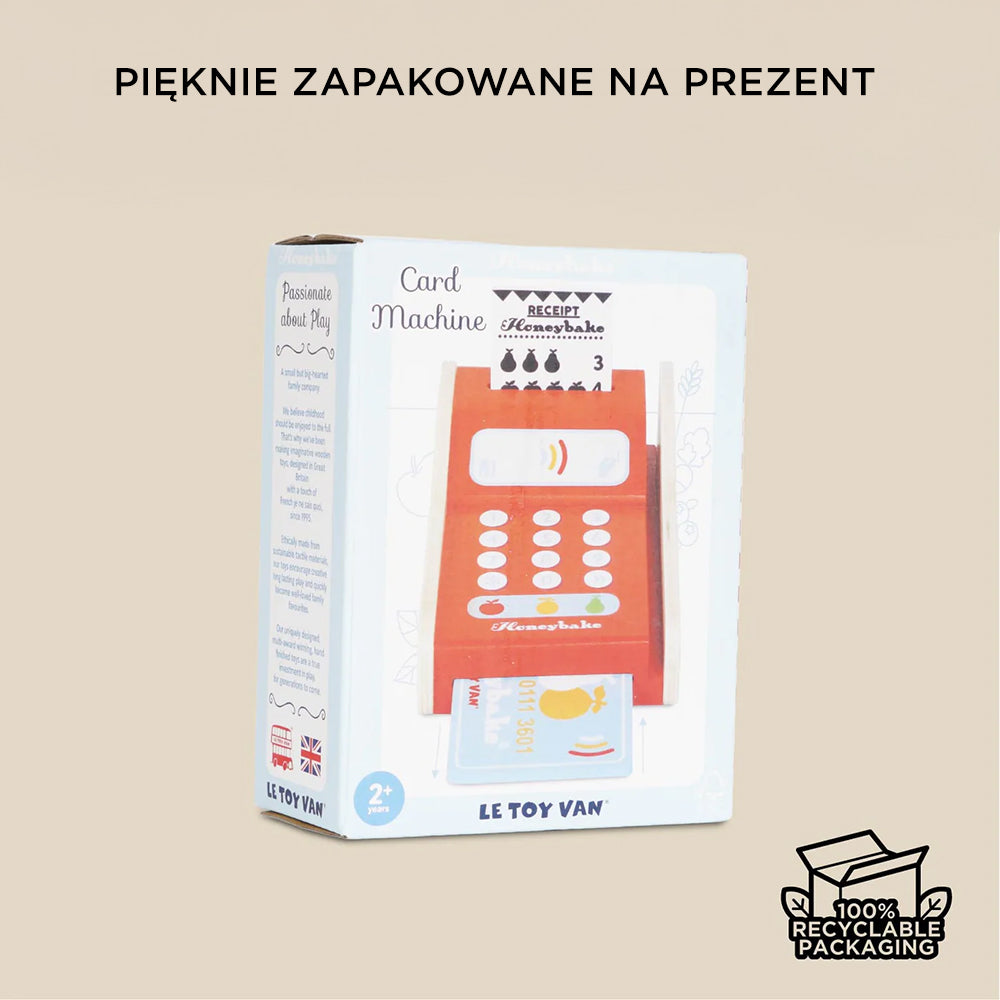 Eleganckie, ekologiczne opakowanie prezentowe drewnianego terminala płatniczego Le Toy Van Honeybake, idealne do zabawy w sklep.