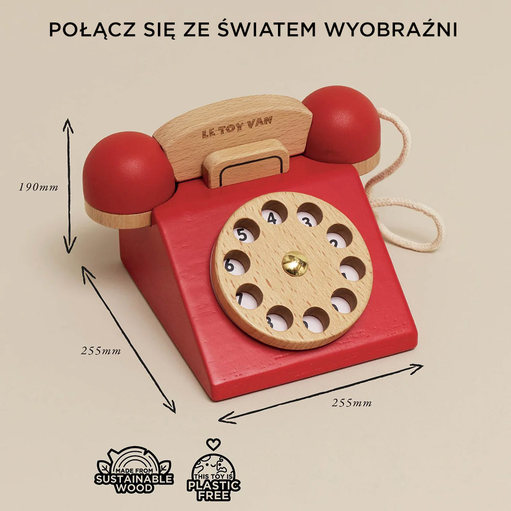 Drewniany telefon vintage Le Toy Van w kolorze czerwonym z obrotową tarczą, idealny do nauki liczb. Ekologiczna zabawka z drewna FSC® bez plastiku.