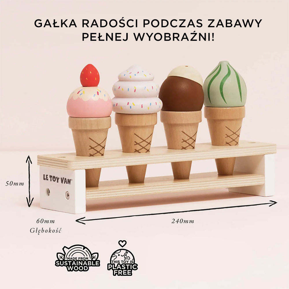 Wysokiej jakości drewniany zestaw 4 pastelowych lodów rożków na stojaku, zabawka do lodziarni z drewna FSC.