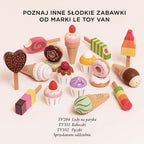 Drewniana kolekcja słodkości Le Toy Van: apetyczne lody w rożkach i na patyku, kolorowe babeczki i pączki. Idealny zestaw do zabawy w lodziarnię i kawiarnię dla dzieci.