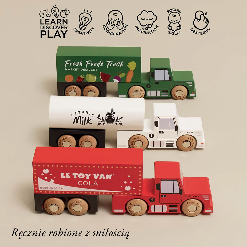 Drewniane samochody ciężarowe zestaw dla dzieci: 3 autentyczne TIRy (zielony food truck, biała cysterna mleczna, czerwona ciężarówka z colą). Posiadają odczepiane naczepy, drewniane koła i są kompatybilne z torami drewnianymi.