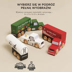 Drewniany zestaw aut ciężarowych TIRów dla dzieci z odpinanymi naczepami: czerwony pojazd przewożący colę, biała cysterna z mlekiem, zielony samochód spożywczy. Ekologiczne zabawki z drewna, bez plastiku.