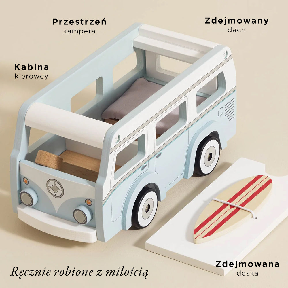 Drewniany kamper retro miętowo-biały, klasyczny wakacyjny samochód dla dzieci, z deską surfingową, zdejmowanym dachem i materacem.