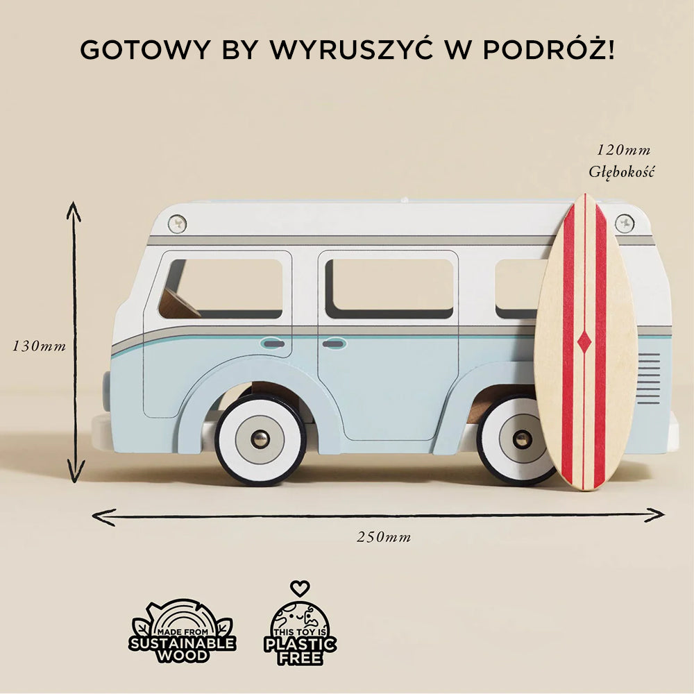 Drewniany kamper retro, wakacyjny samochód w kolorze miętowo-białym z deską surfingową. Ekologiczna zabawka z certyfikatem FSC, bez plastiku. Wymiary: 250mm długości, 130mm wysokości, 120mm głębokości.