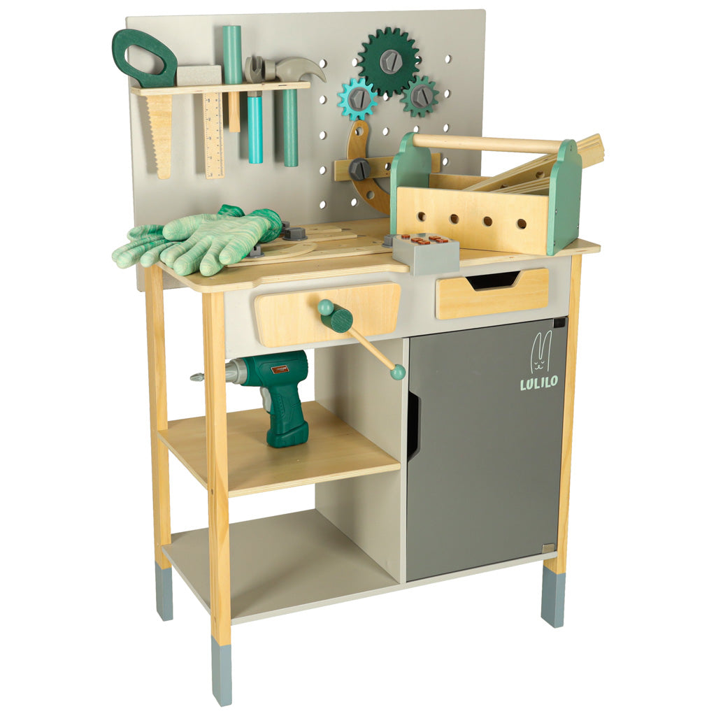 Warsztat drewniany LULILO Fikso zestaw małego majsterkowicza z narzędziami piła wkrętarka dźwięki 86cm