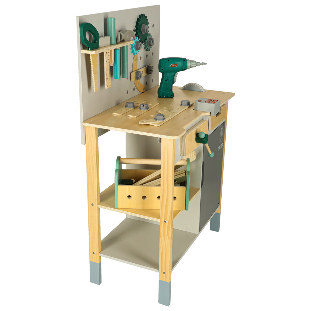 Warsztat drewniany LULILO Fikso zestaw małego majsterkowicza z narzędziami piła wkrętarka dźwięki 86cm