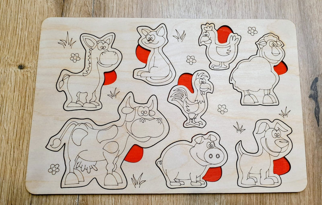 Drewniana układanka edukacyjna – Zwierzęta z wiejskiego podwórka czerwone