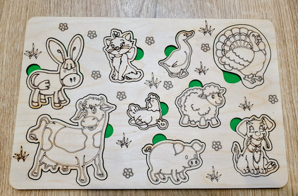 Drewniana układanka edukacyjna – Zwierzęta z wiejskiego podwórka zielone