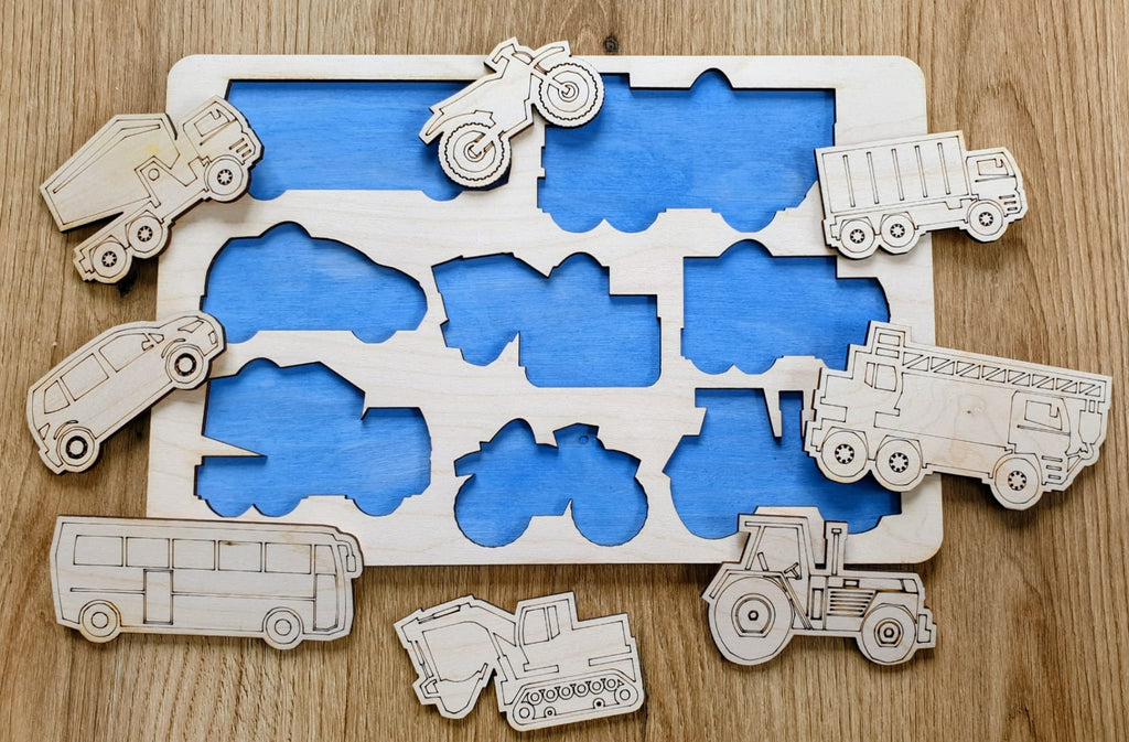Drewniana układanka edukacyjna pojazdy