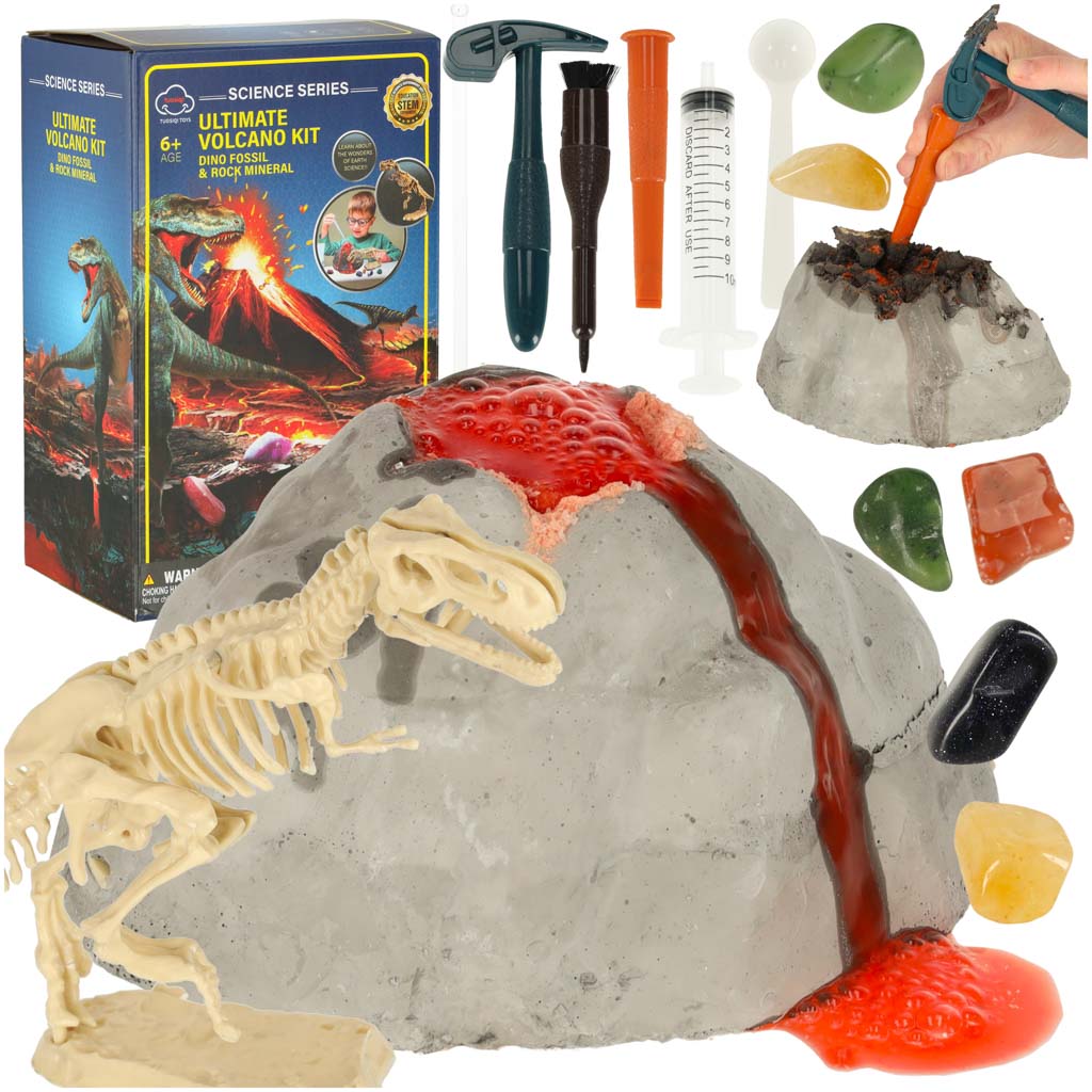 Dynamiczny zestaw naukowy Ultimate Volcano Kit dla dzieci 6+ STEM. Obejmuje wulkan z erupcją, szkielet dinozaura, minerały i narzędzia do wykopalisk. Rozwija ciekawość i umiejętności młodych odkrywców.