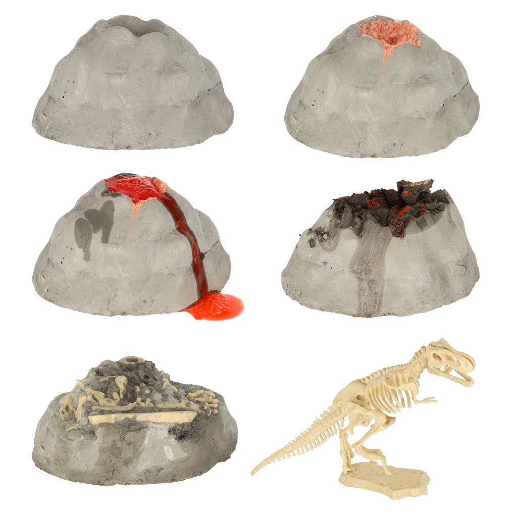 Edukacyjny zestaw naukowy dla dzieci: wulkan z symulacją erupcji lawy, model szkieletu dinozaura oraz ukryte skamieniałości. Idealny do odkrywania tajemnic geologii i paleontologii przez zabawę.