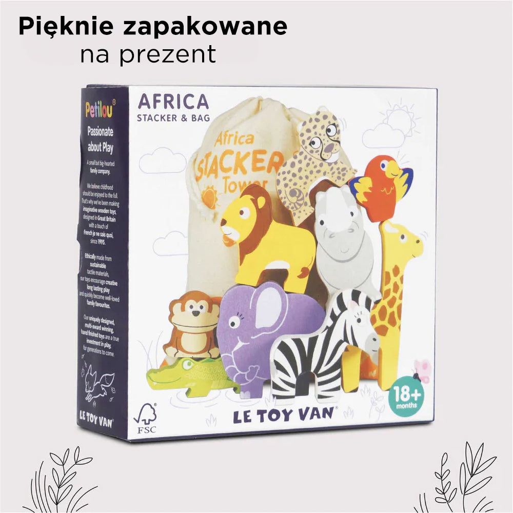 Opakowanie drewnianych figurek zwierzątek afrykańskich Petilou Le Toy Van, edukacyjna zabawka układanka dla dzieci. Kolorowe zwierzęta, takie jak lew, zebra czy żyrafa, idealne na prezent.