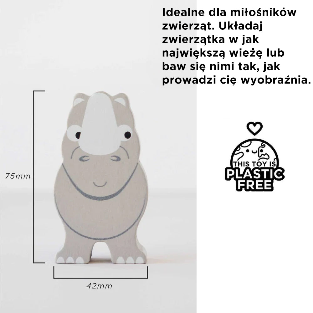 Drewniana figurka nosorożca z afrykańskiej układanki zwierzątek. Ekologiczna zabawka dla dzieci, bez plastiku, idealna do małych rączek. Wymiary: 75x42mm.